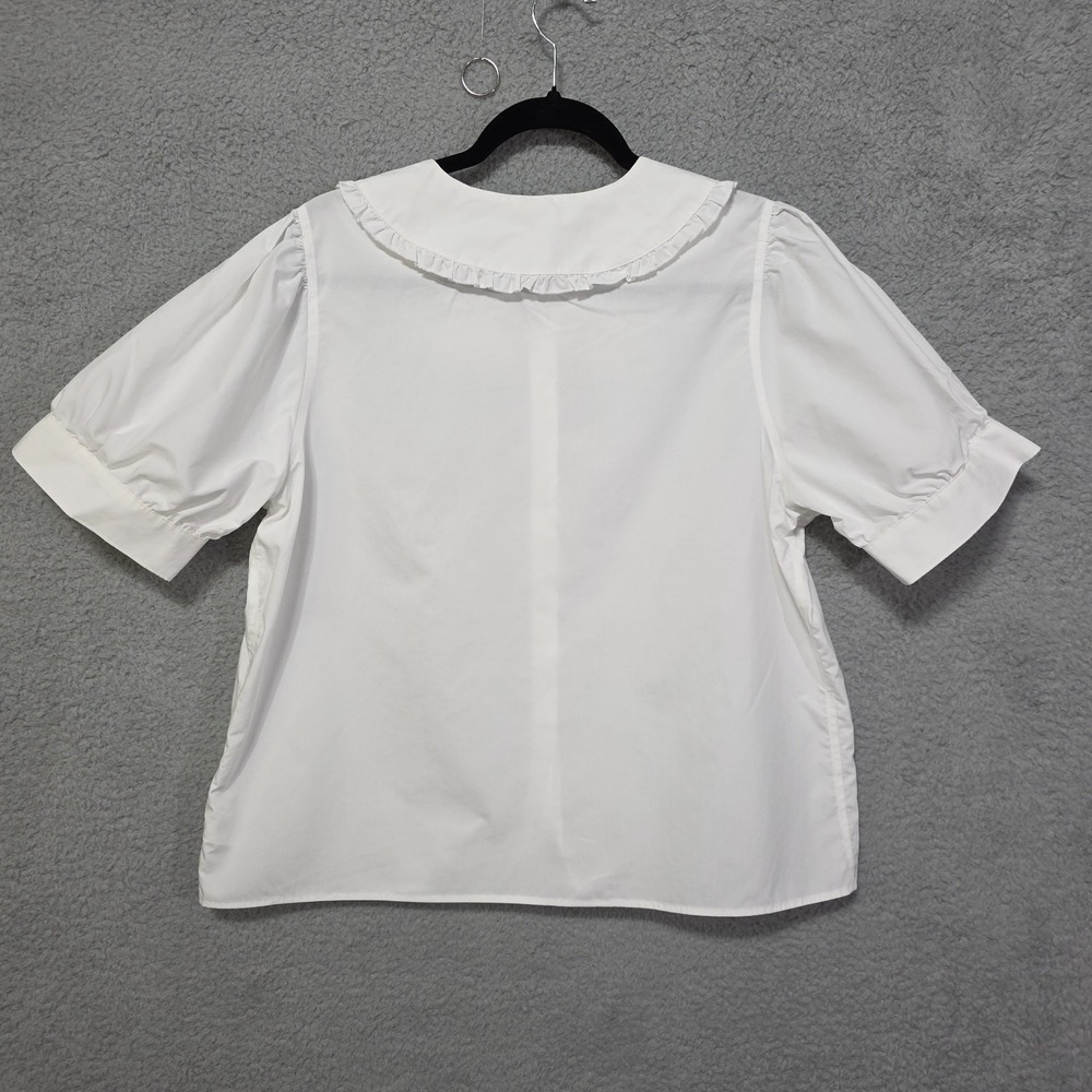 Lands End White Cotton Blouse Peter Pan Collard Button Front Puff Sleeves Large - Picture 2 of 8